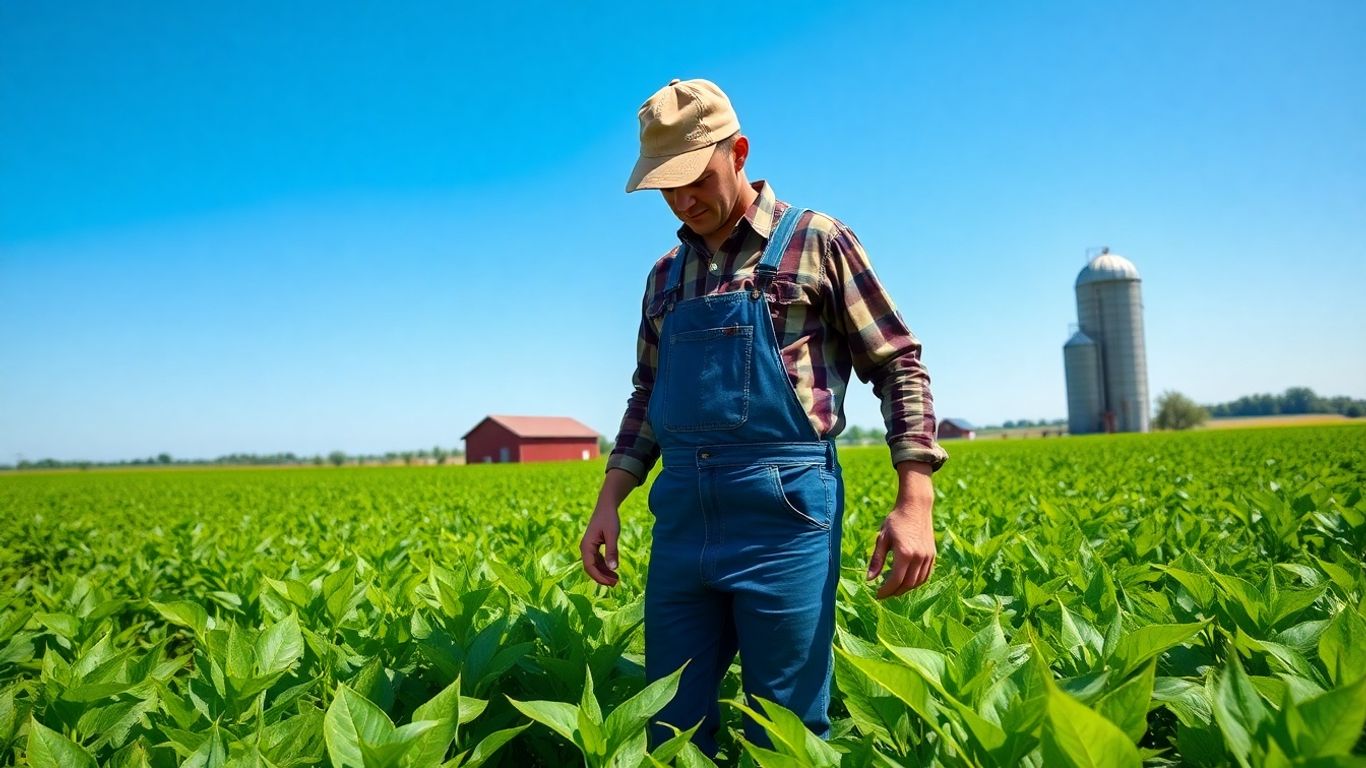 Bauernhof mit grünen Feldern und Bauernhofgebäuden.