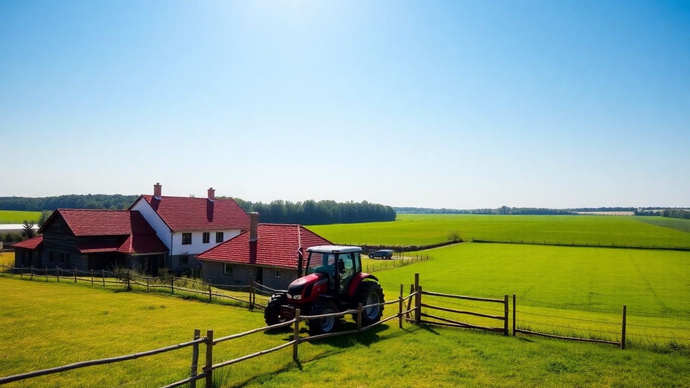 Bauernhof mit Feldern und Himmel