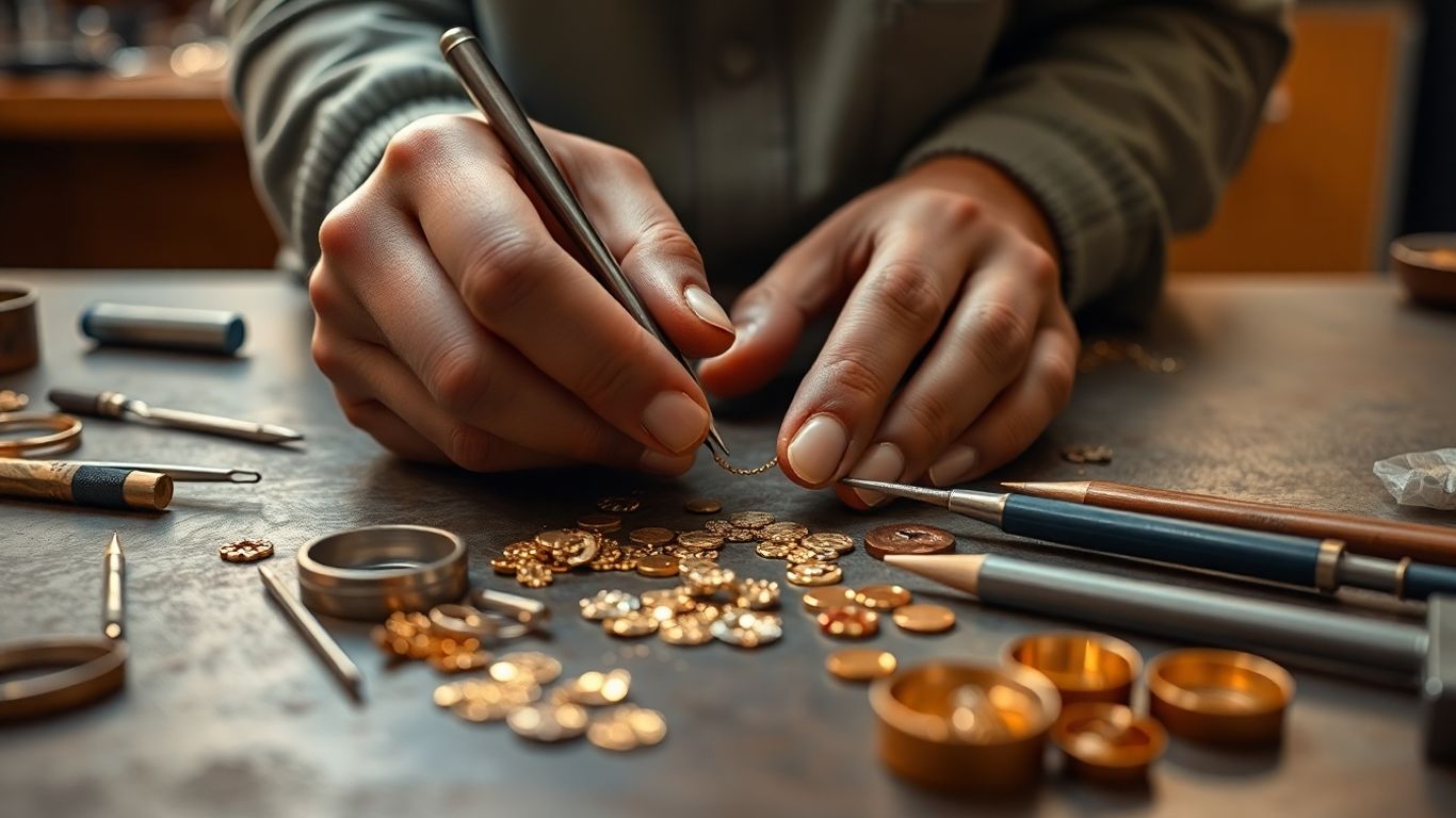 Goldschmied bei der Arbeit mit Schmuck und Werkzeugen.