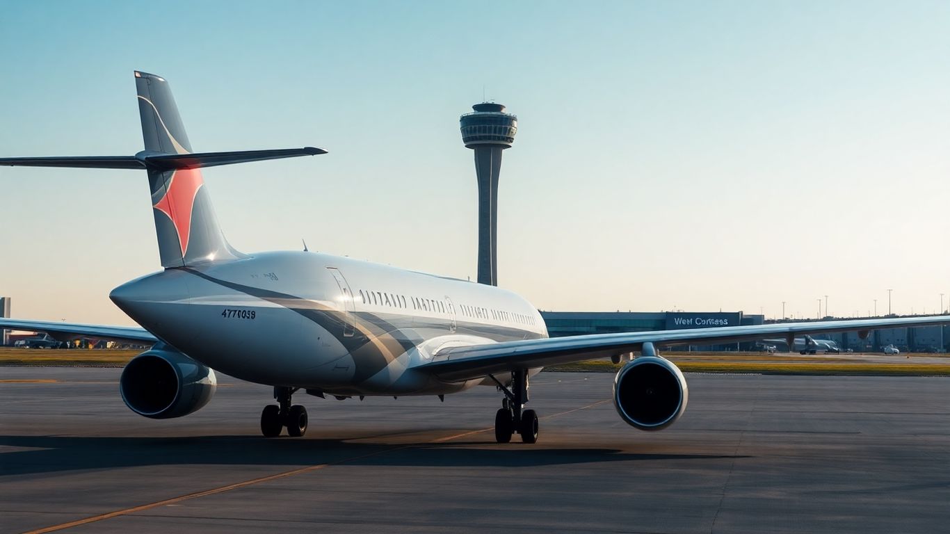 Flugzeug auf dem Rollfeld mit Kontrollturm im Hintergrund.