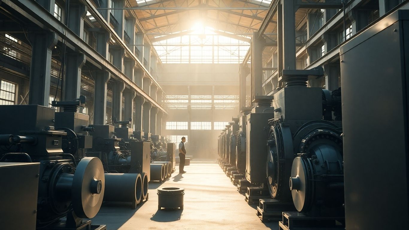 Produktionshalle mit Maschinen und Arbeitern