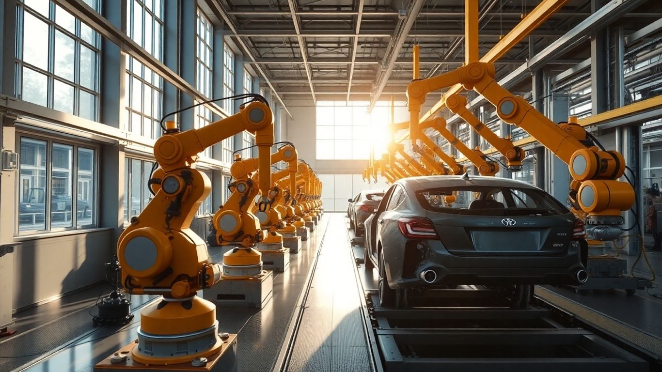 Moderne Autofabrik mit Roboterarmen und Autos