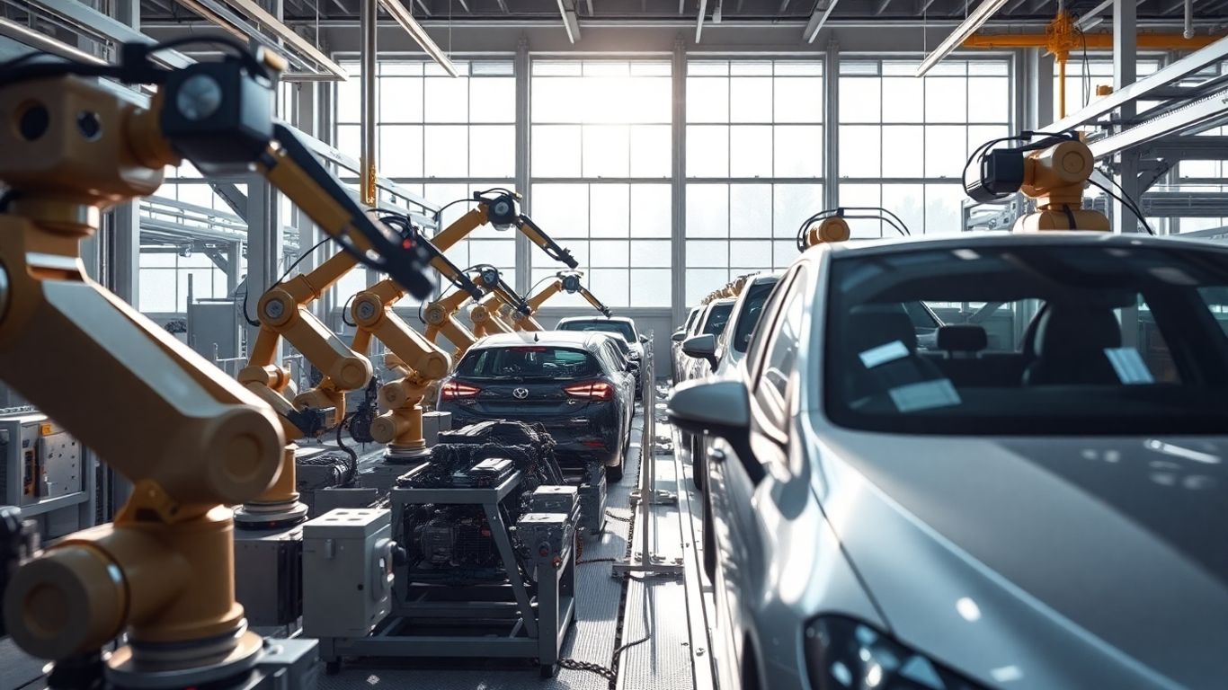 Automobilfabrik mit Roboterarmen und Autos