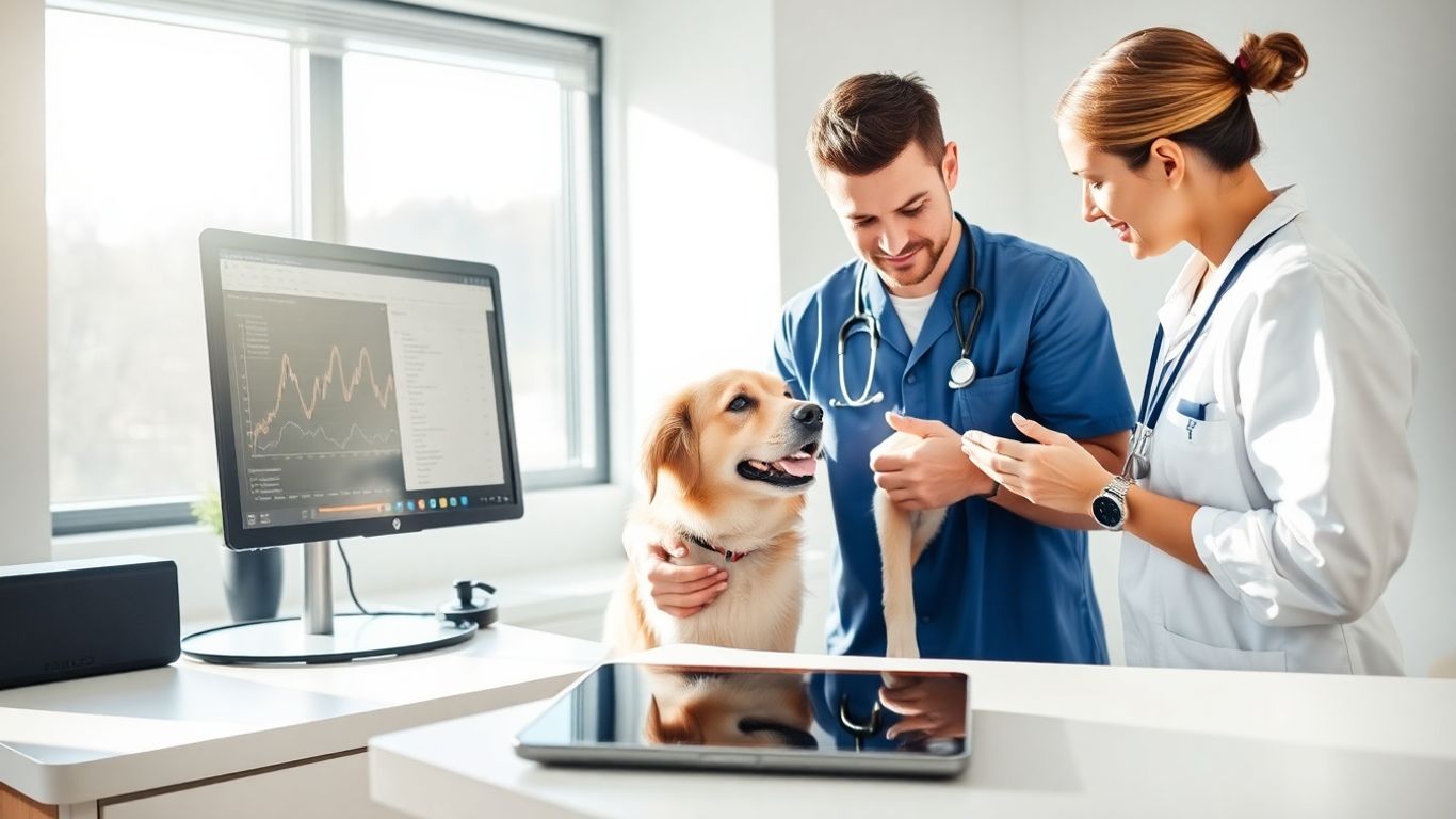 Tierarztpraxis mit Tierarzt, Hund und Technologie