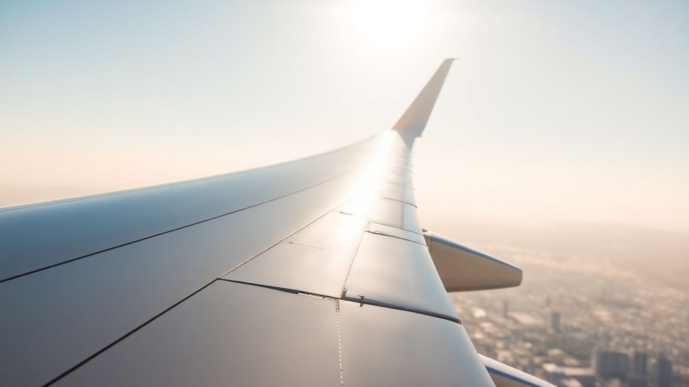 Flugzeugflügel im Sonnenlicht über Stadtkulisse