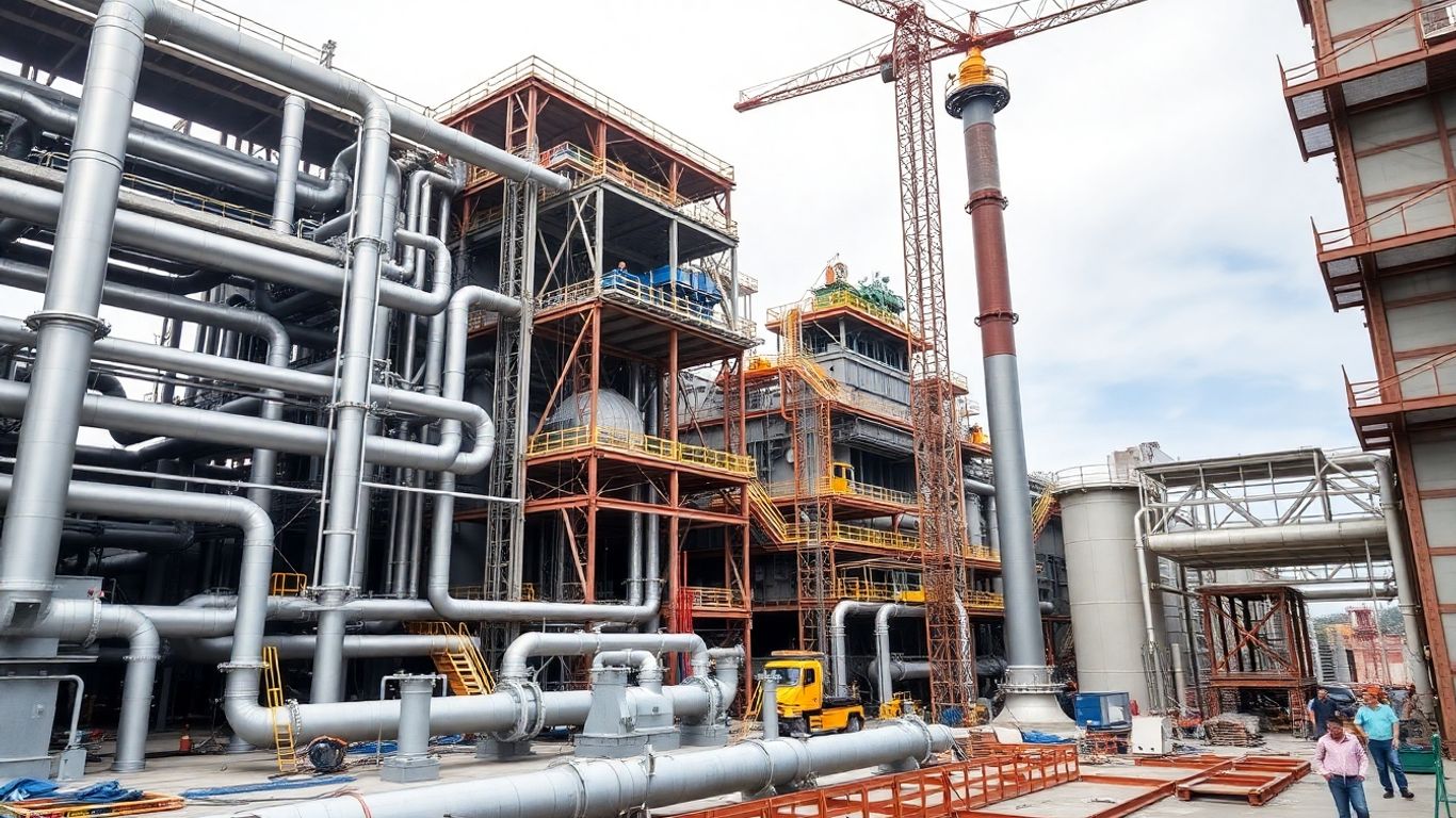 Industrielle Anlage im Bau mit Kränen und Arbeitern