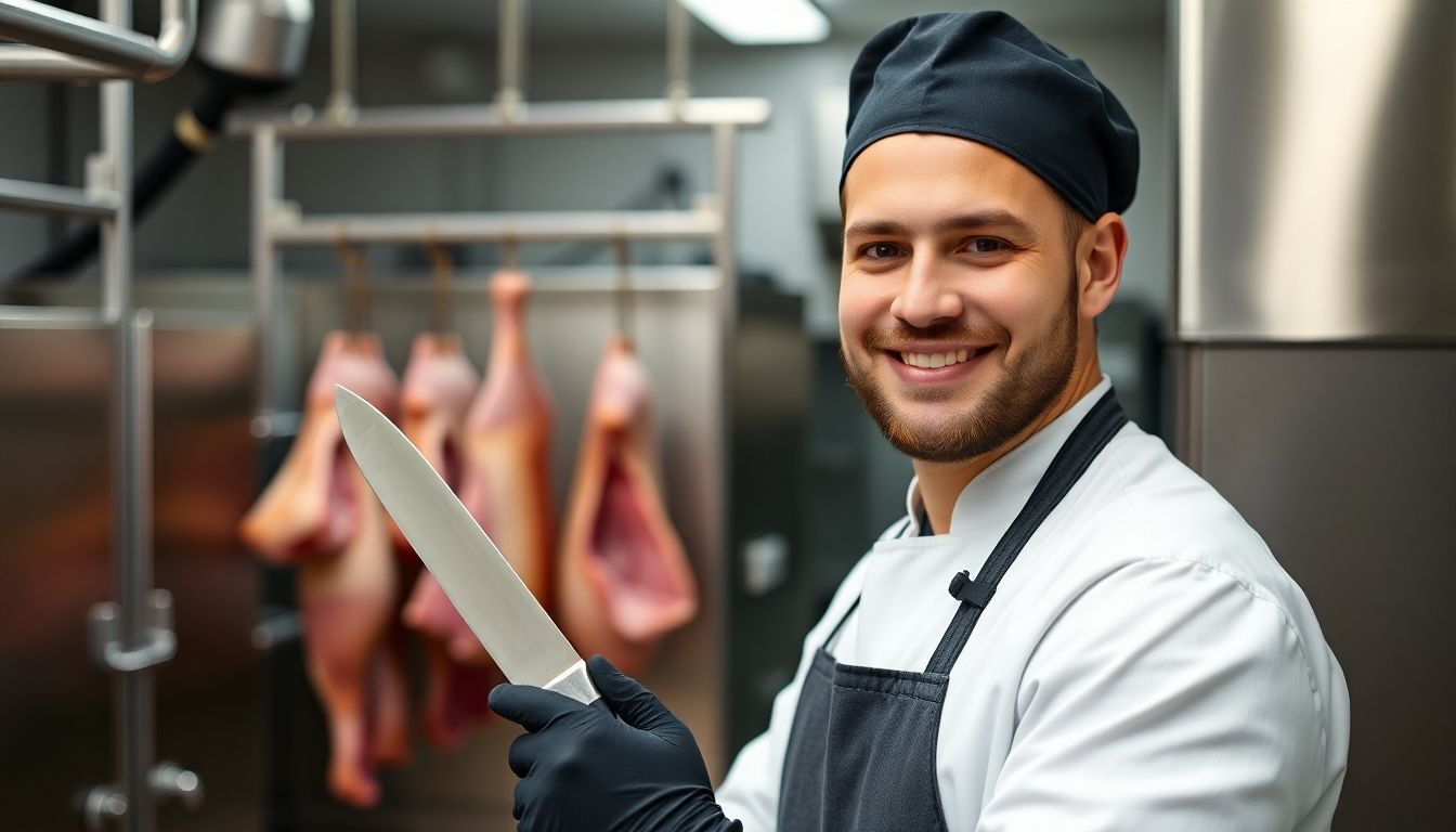 Smiling butcher in a clean slaughterhouse environment.
