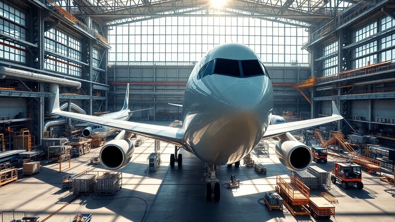 Flugzeugwerk mit Flugzeugen und Industrieausrüstung