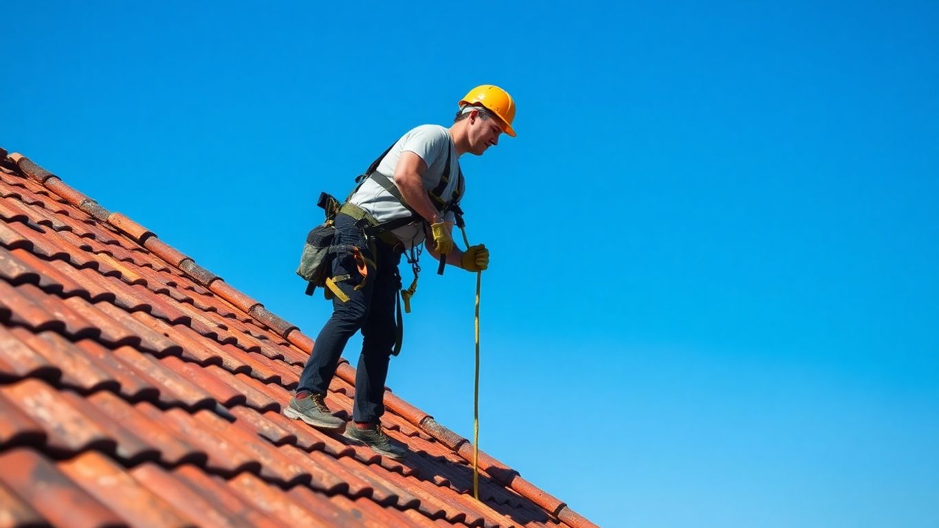 Dachdecker arbeitet in luftiger Höhe auf einem Dach.