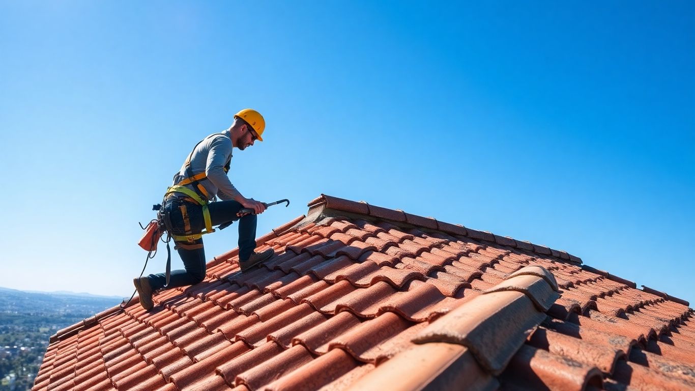 Dachdecker bei der Arbeit auf einem Dach.