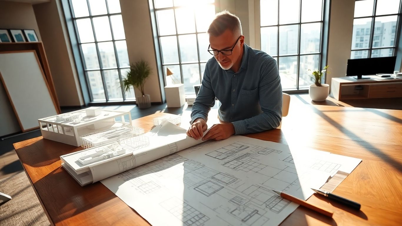 Ingenieurbüro mit Blaupausen und Architekturmodellen