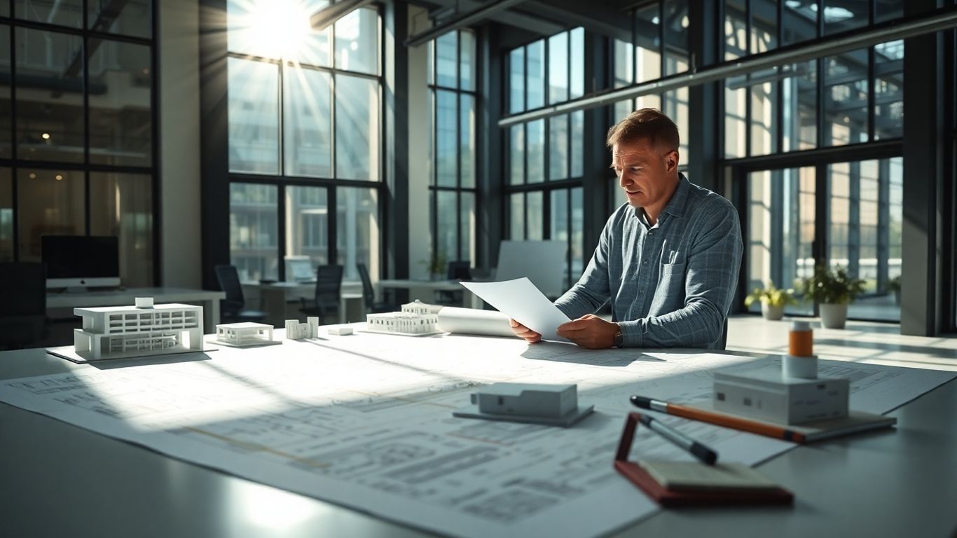 Ingenieurbüro mit Blaupausen und Modellen