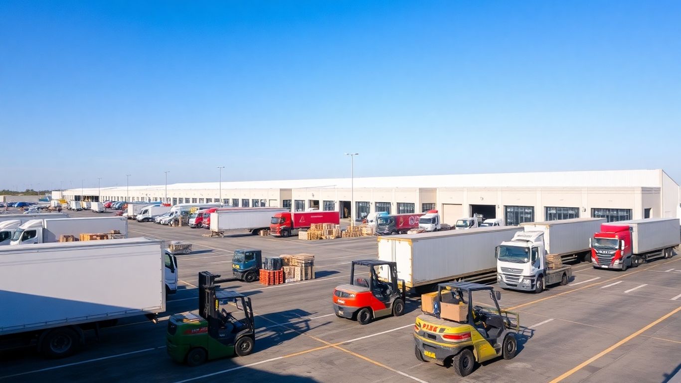 Logistikzentrum mit Gabelstaplern, Lastwagen und Lagerhallen.