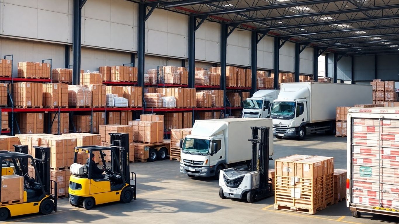 Logistikzentrum mit Gabelstaplern, Paletten und Lieferwagen.