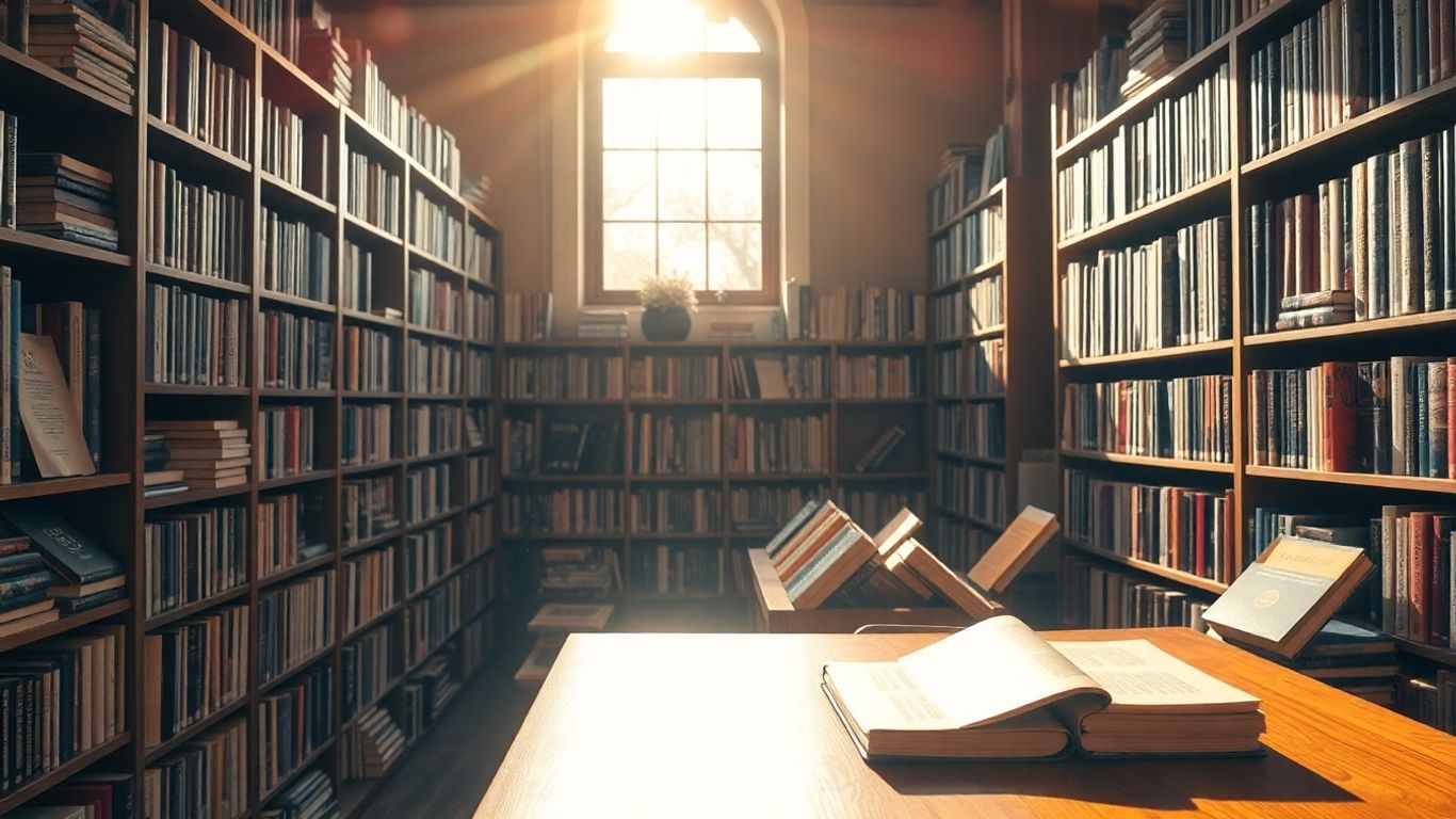 Bücherregale in einer gemütlichen Buchhandlung mit Sonnenlicht.