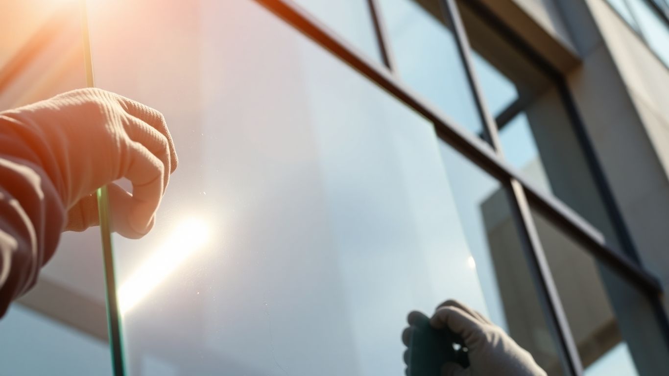 Glaser montiert Glasfassade, Handwerker bei der Arbeit.