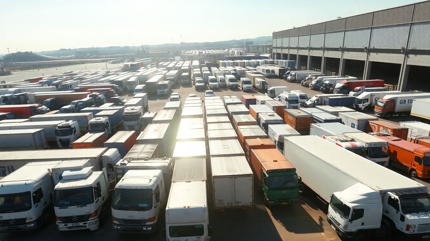 Lieferwagen und Lastwagen in einem Logistikzentrum