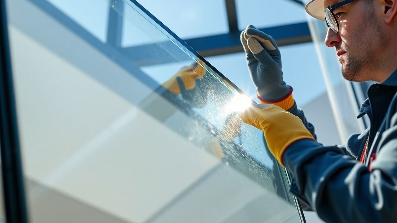 Glaser montiert Glas in einem Gebäude.