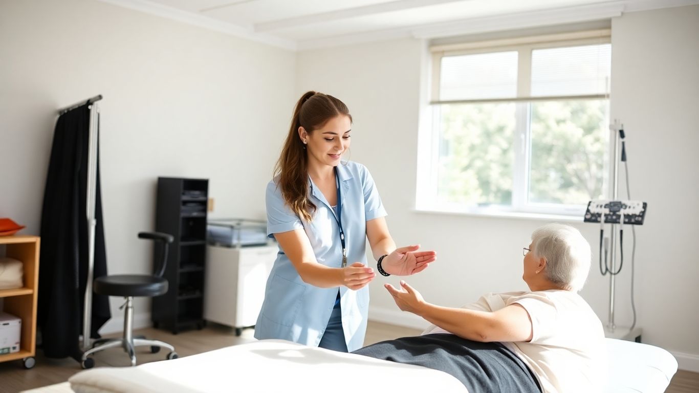 Ergotherapie-Praxis mit Patient und Therapeut bei Übung.