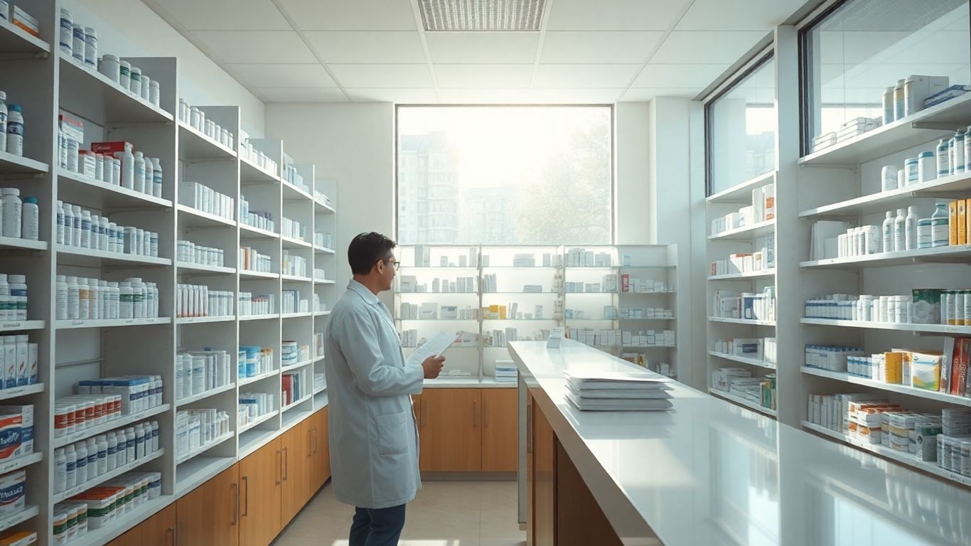 Apothekerin prüft Unterlagen hinter dem Tresen in einer Apotheke.