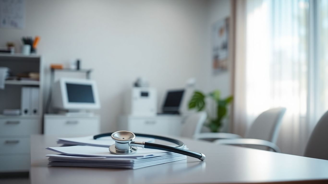 Arztpraxis mit Schreibtisch und medizinischer Ausrüstung