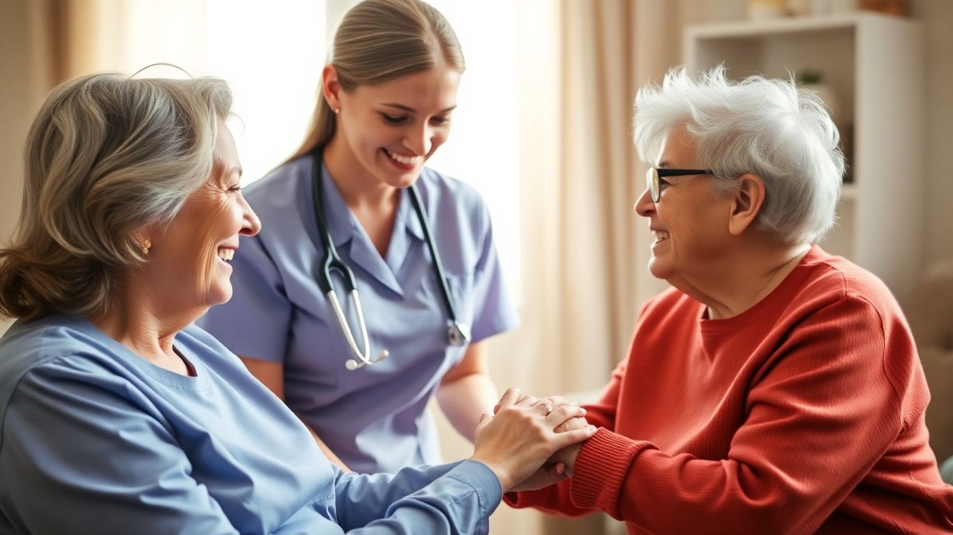 Pflegekraft hält Hand eines älteren Patienten zu Hause.