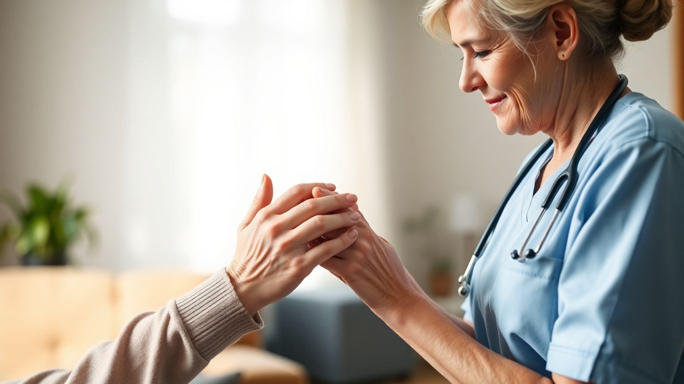 Pflegekraft hält Hand eines älteren Patienten zu Hause