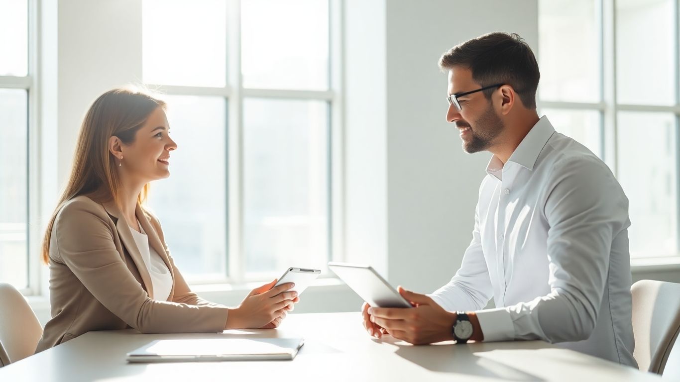 Berater und Kunde im Gespräch in einem Büro.