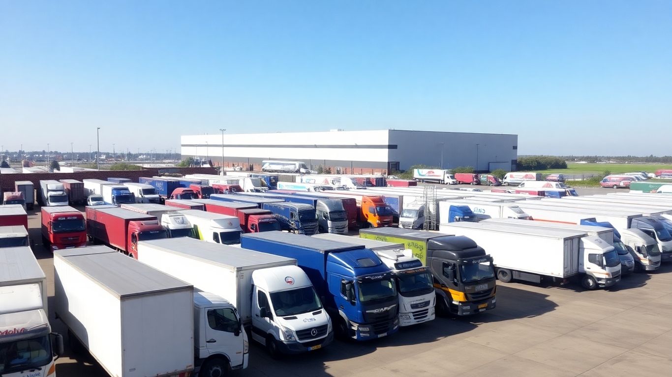LKW und Lieferwagen auf einem Logistikgelände