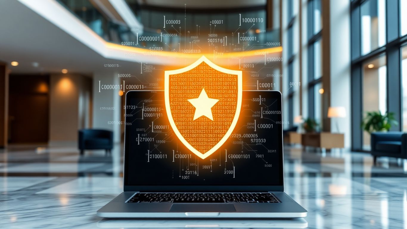 Hotel und Cyber-Schutz-Symbol auf Laptop-Bildschirm