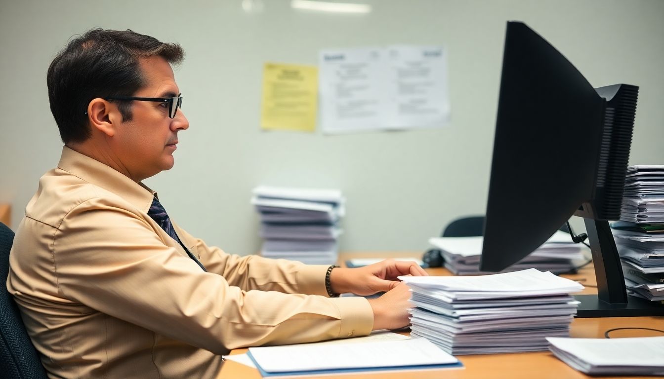 Jobcenter official working on a computer.