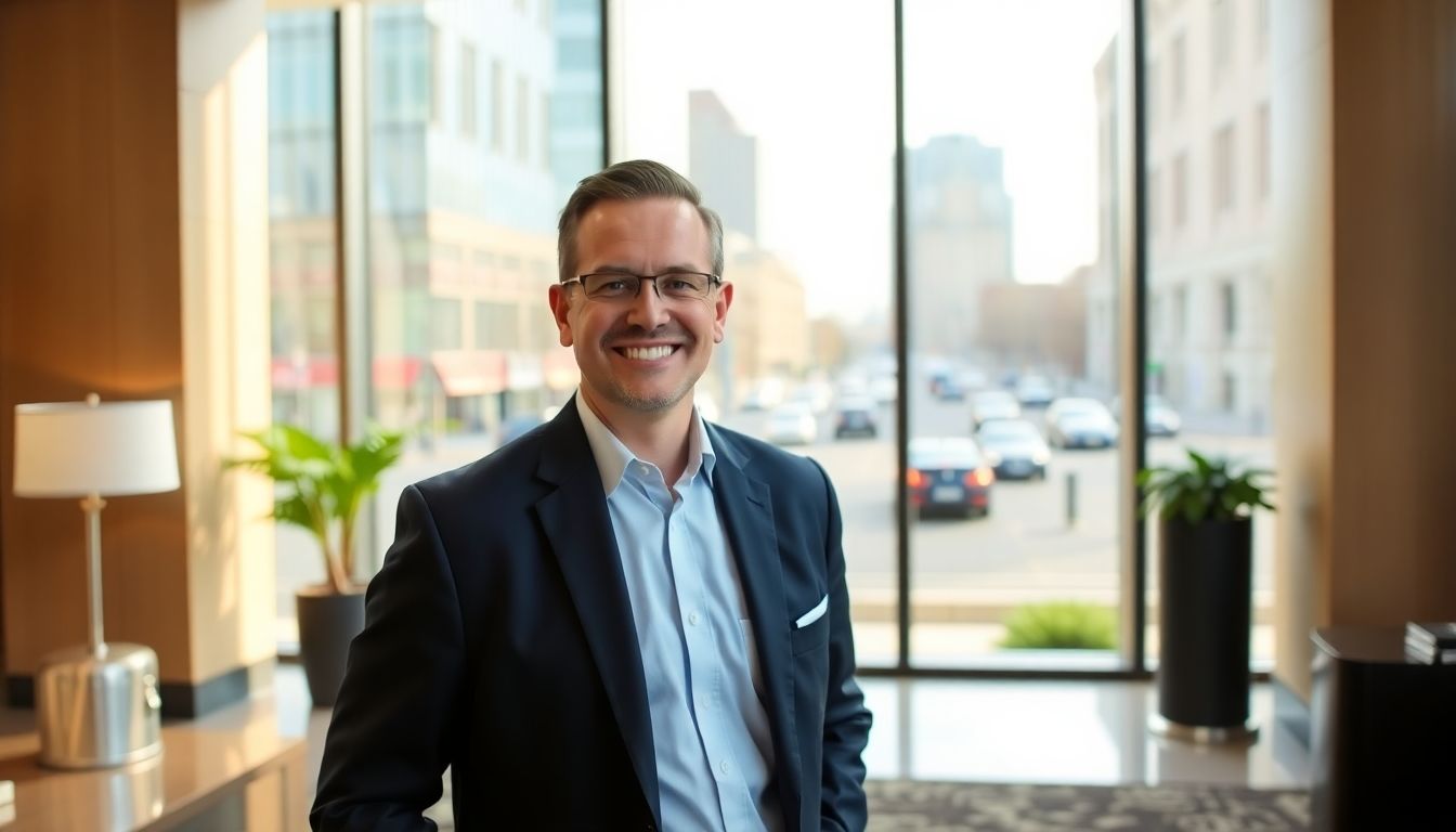 Friendly hotel director in a modern hotel lobby.