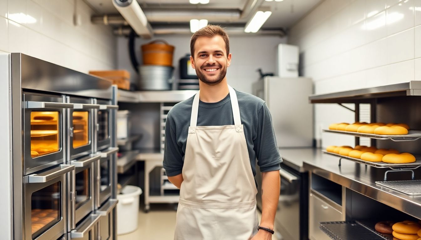 Smiling baker in a bright, modern bakery kitchen.