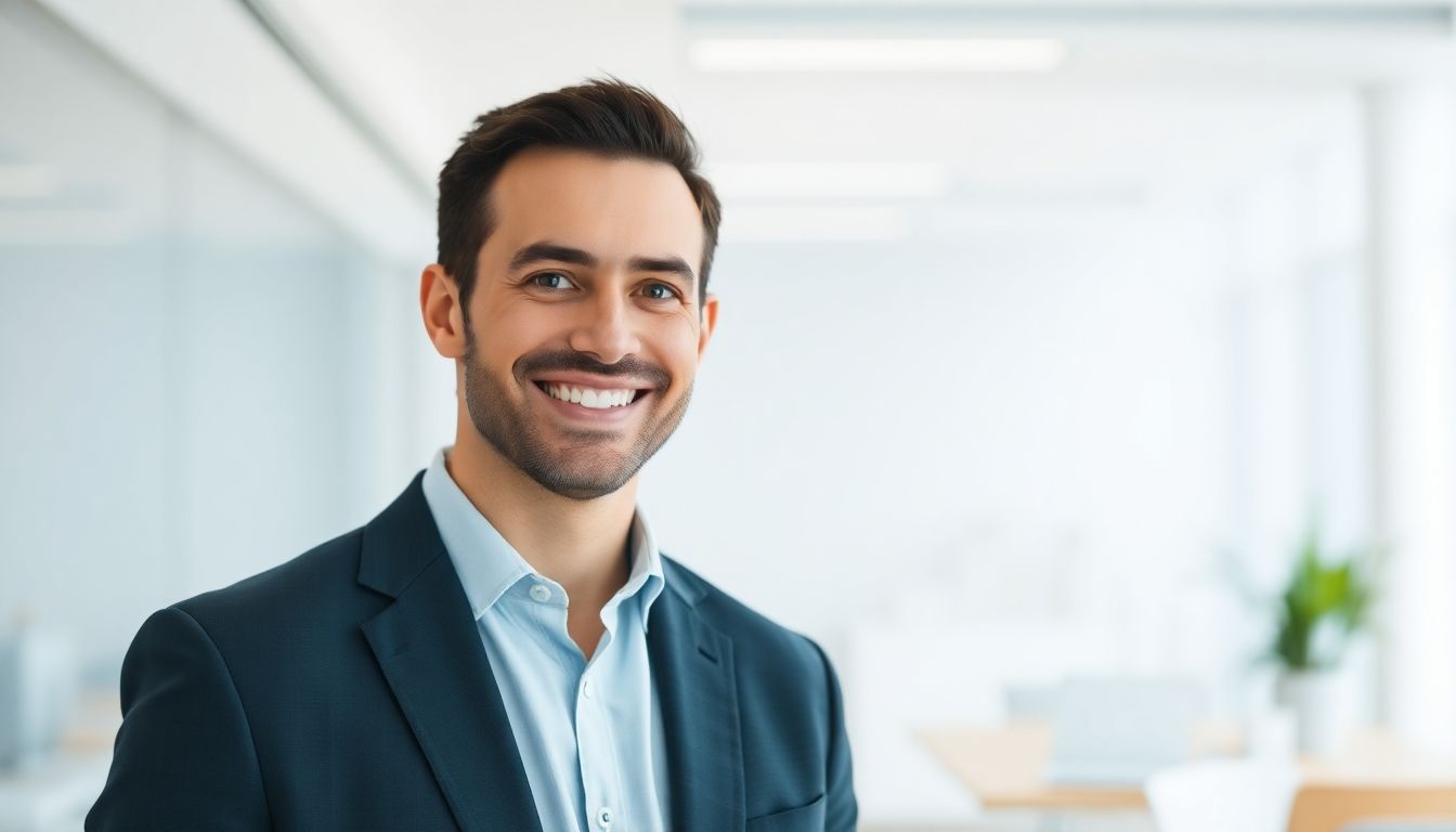 Smiling executive in a bright, modern office.