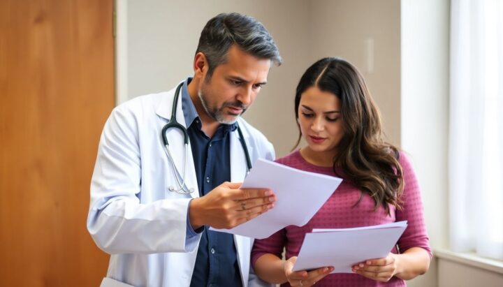 Doctor and midwife review documents together.