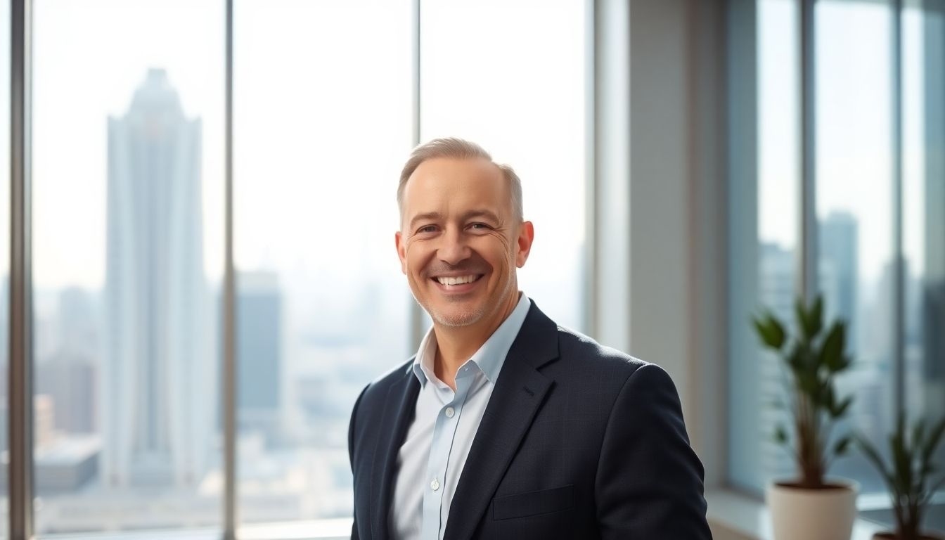 Smiling man in a modern office with city view.