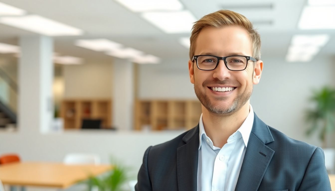 Smiling business owner in a bright office.