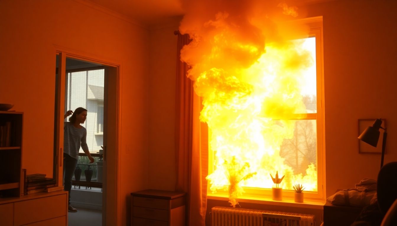 Fire in a modern apartment, smoke pouring from window.