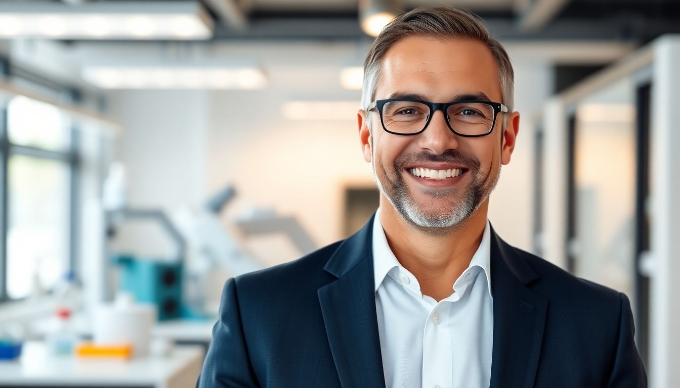 Smiling executive in a bright office with lab background.