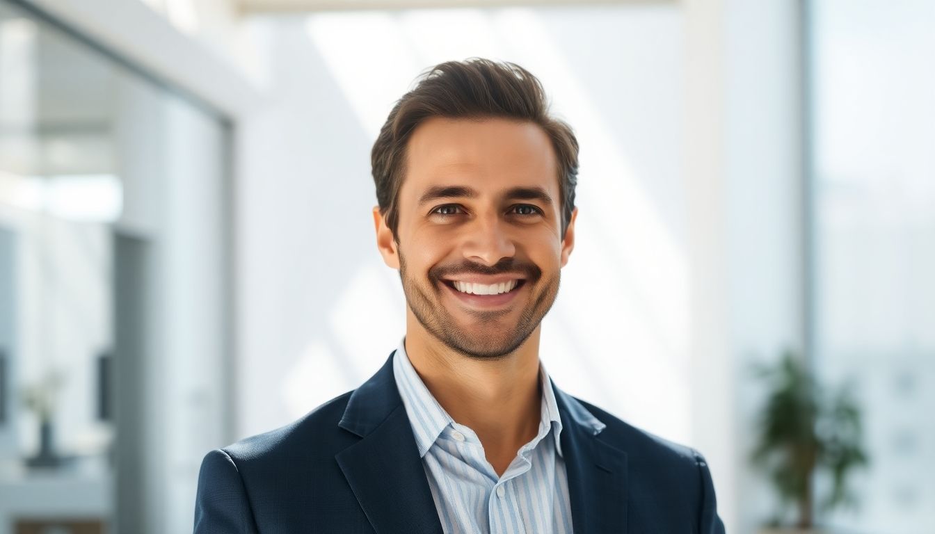 Smiling executive in a bright, modern office.
