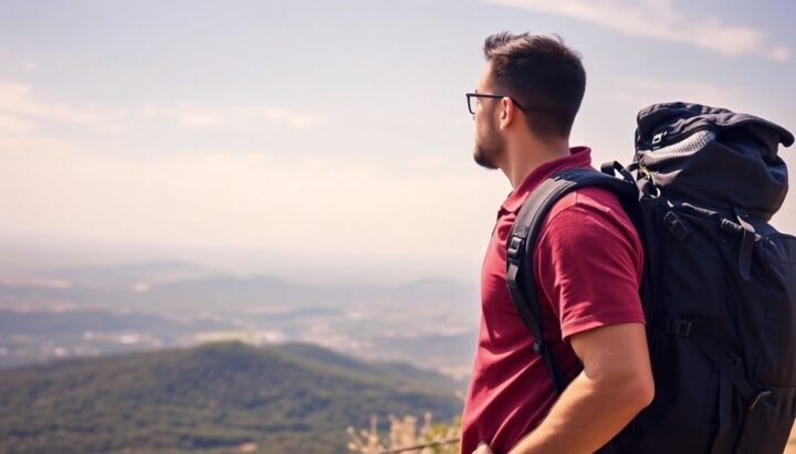 Man with backpack enjoying a vacation view.