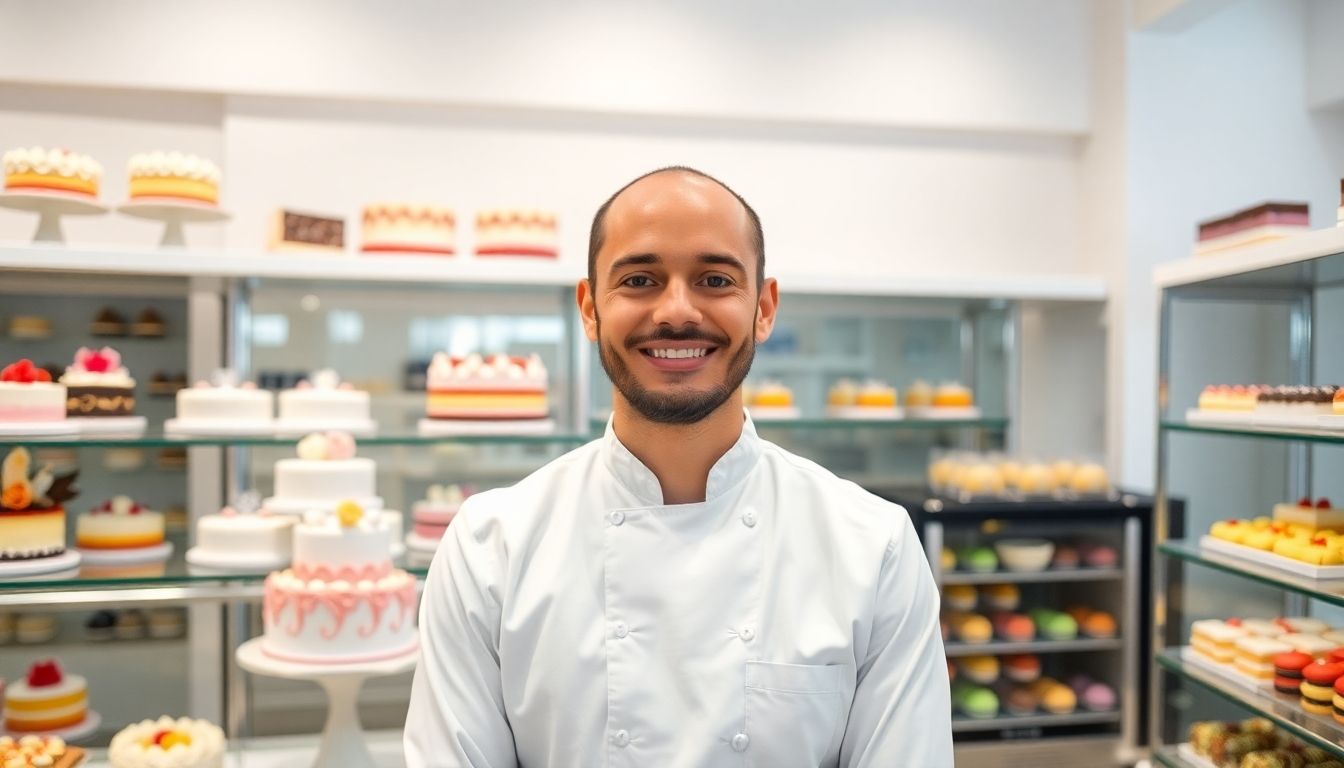 Patissier in a bright shop with many cakes and pastries.