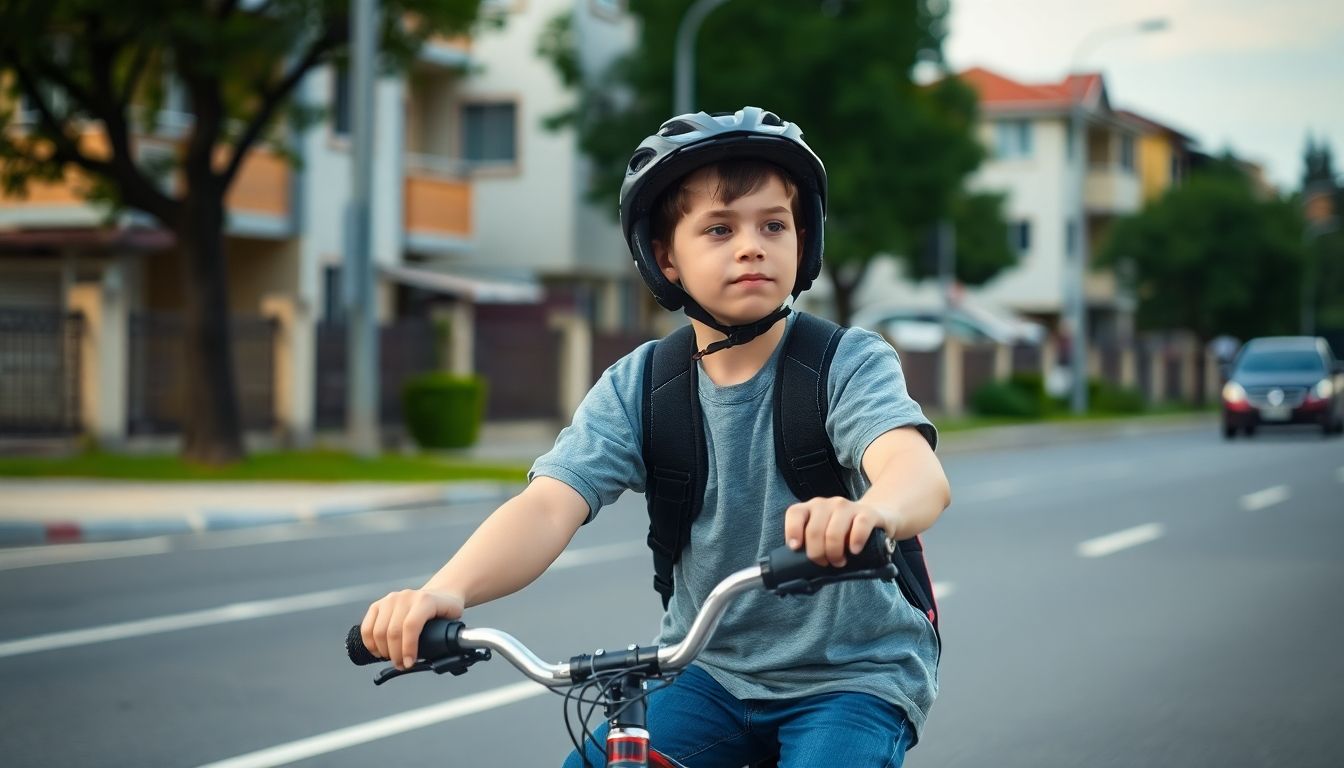 Child with helmet on bicycle on the way to school.