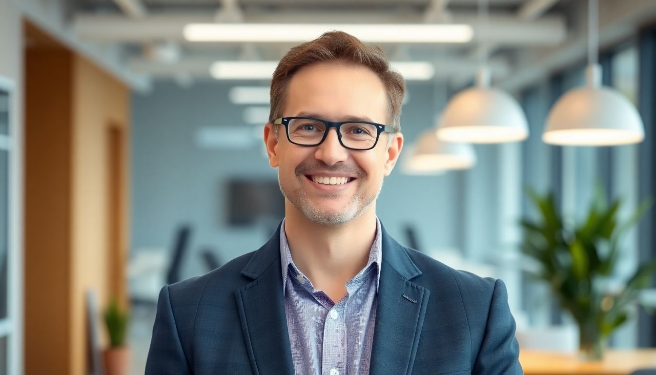 Smiling CEO in a bright, modern office.