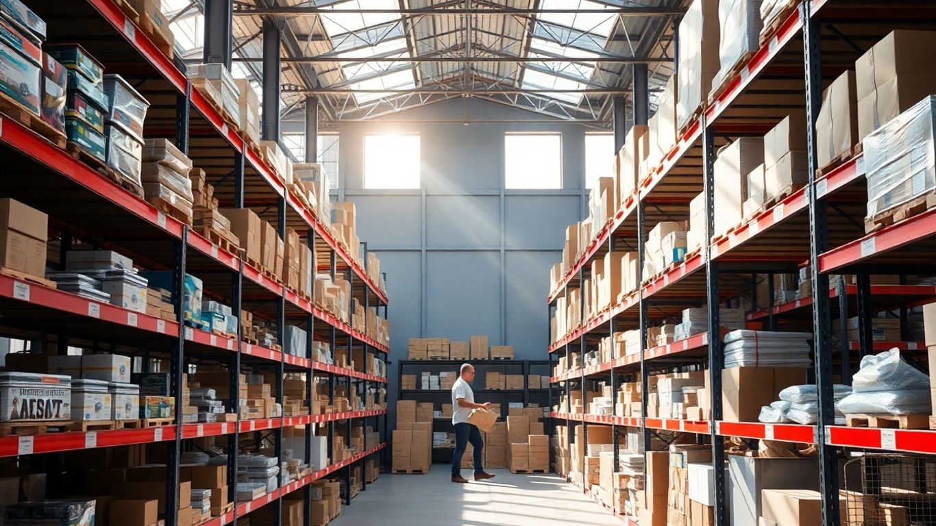Lagerhalle eines E-Commerce-Unternehmens mit Produkten und Personal.