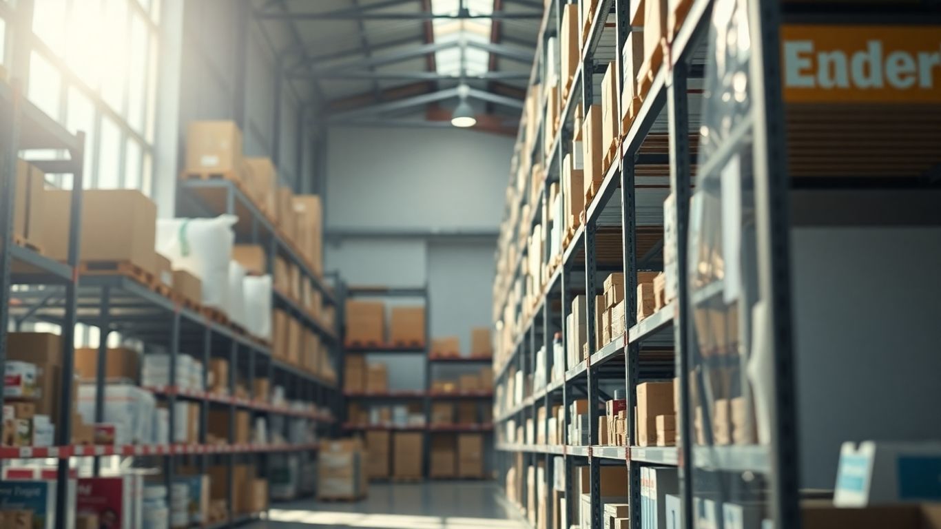 Lagerhalle mit Regalen voller Produkte für E-Commerce