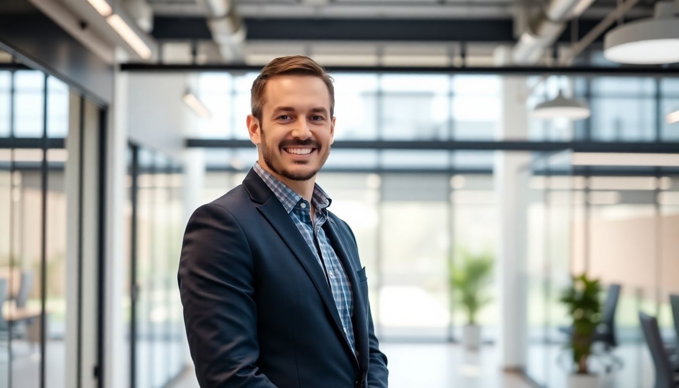 Smiling business owner in a bright office setting.