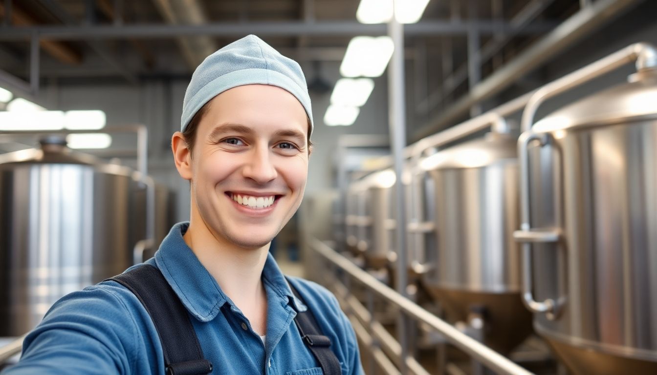 Dairy worker smiling in a modern milk processing plant.