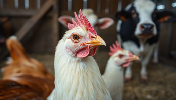 Chickens and cow showing signs of illness, farm animals threatened by disease.