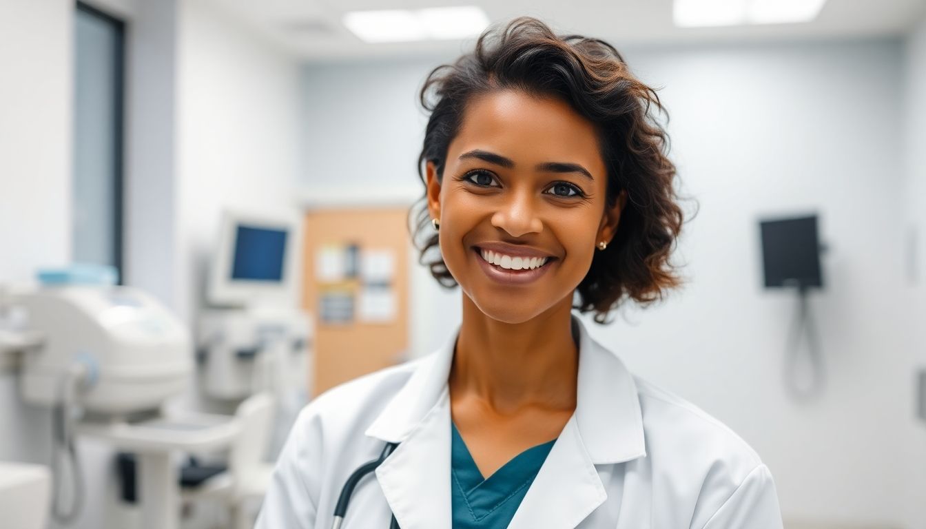Smiling veterinarian in a bright, modern clinic.